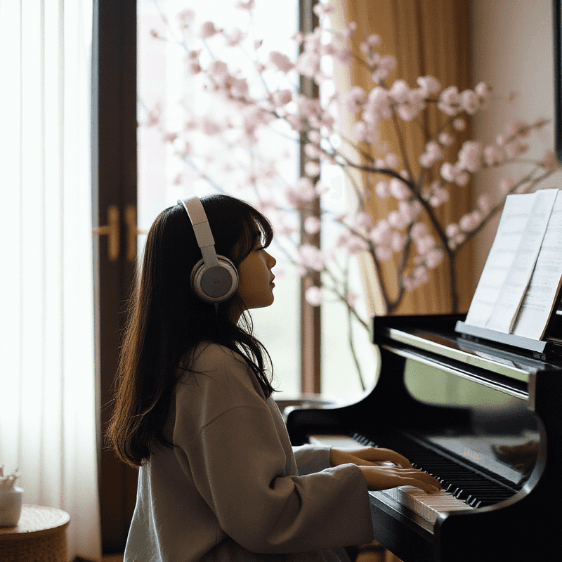 a japanese girl listening to music with her headphones in front of a piano in her living room there is sakura tree outside the window.png