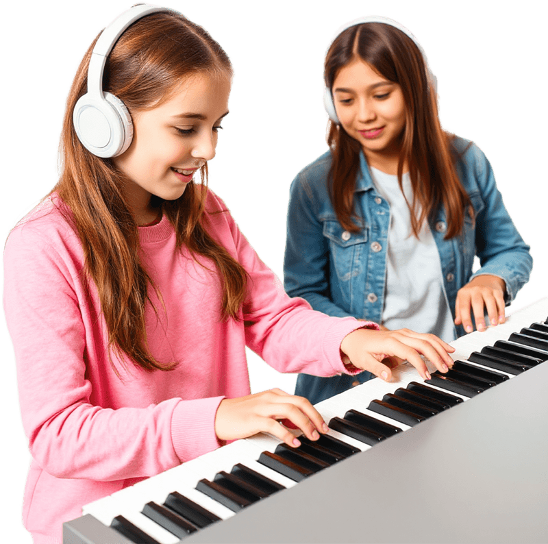 two girls wearing headphones playing a digital piano keyboard together.png