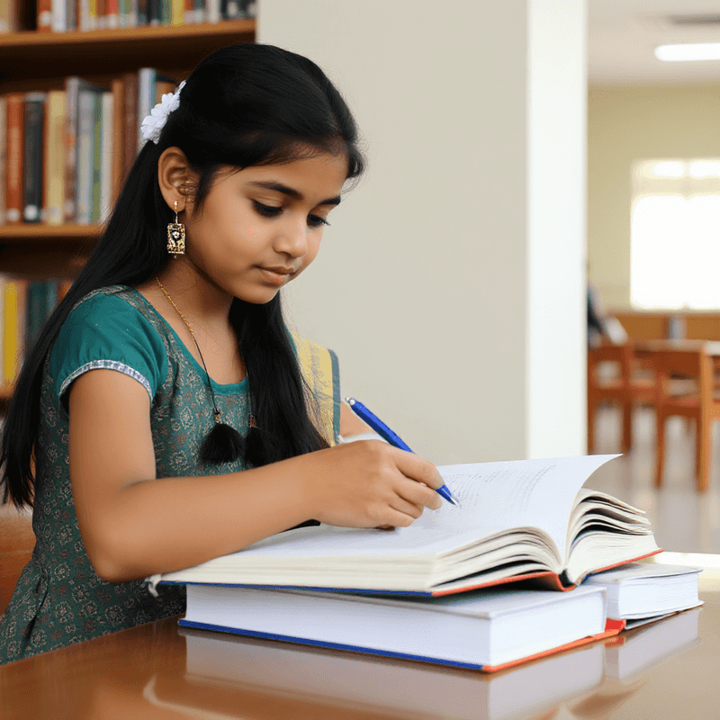 an indian young girl student preparing exams in a school library v2.png