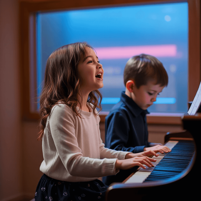 a girl singing along while playing piano with her brother.png