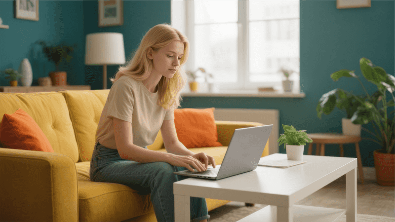 blonde woman using her laptop to book online course.png