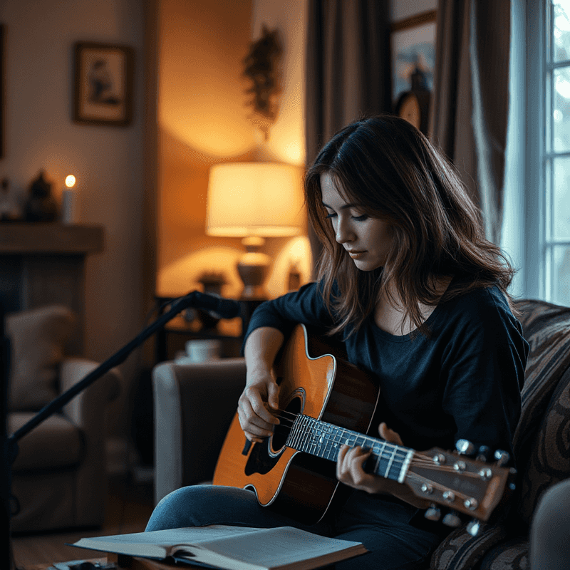 a adult female writing music and playing guitar in a cozy living room.png