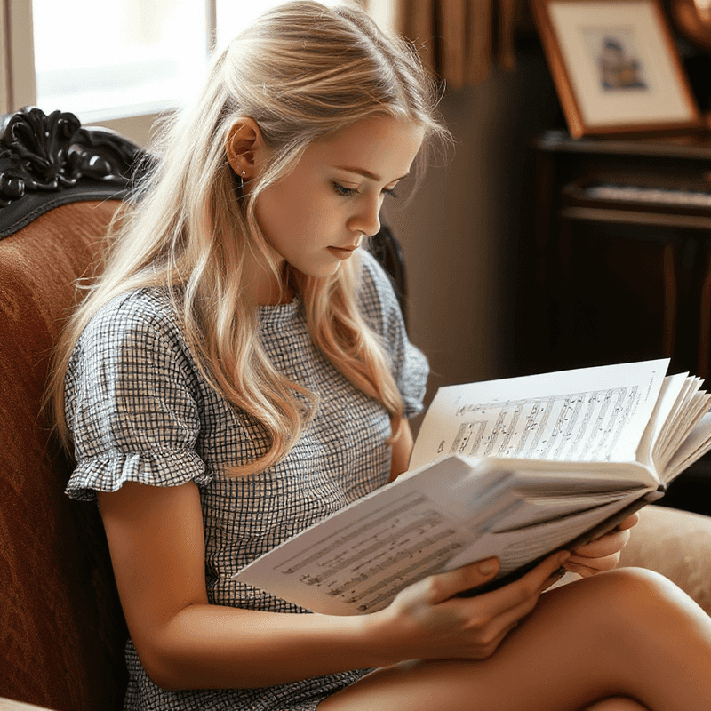 a blonde girl reading a stack of music sheets.png
