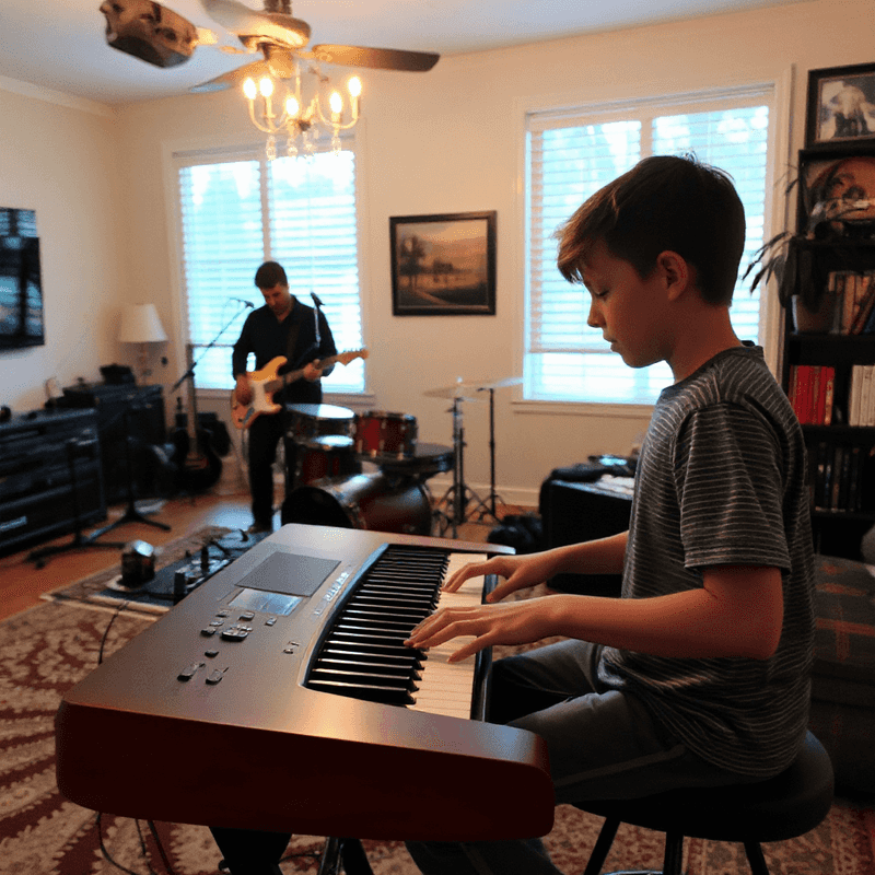 a boy keyboardist playing with the band in a living room.png