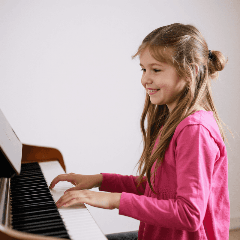 girl wearing a pink shirt playing the piano smiling.png
